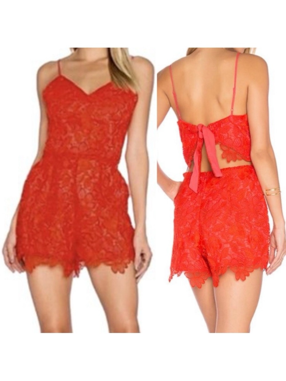 Lovers + Friends x Revolve Songbird Lace V-Neck Tie Back Romper: Red